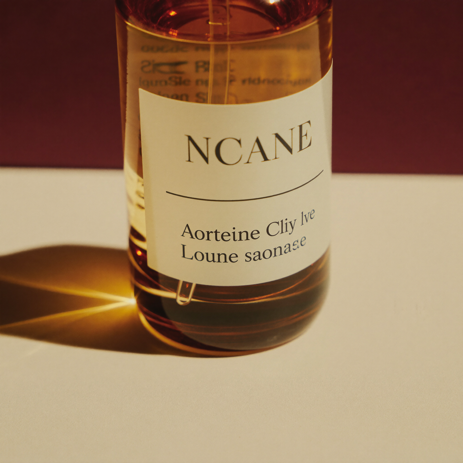 Bottle of clear treatment fluid in warm light